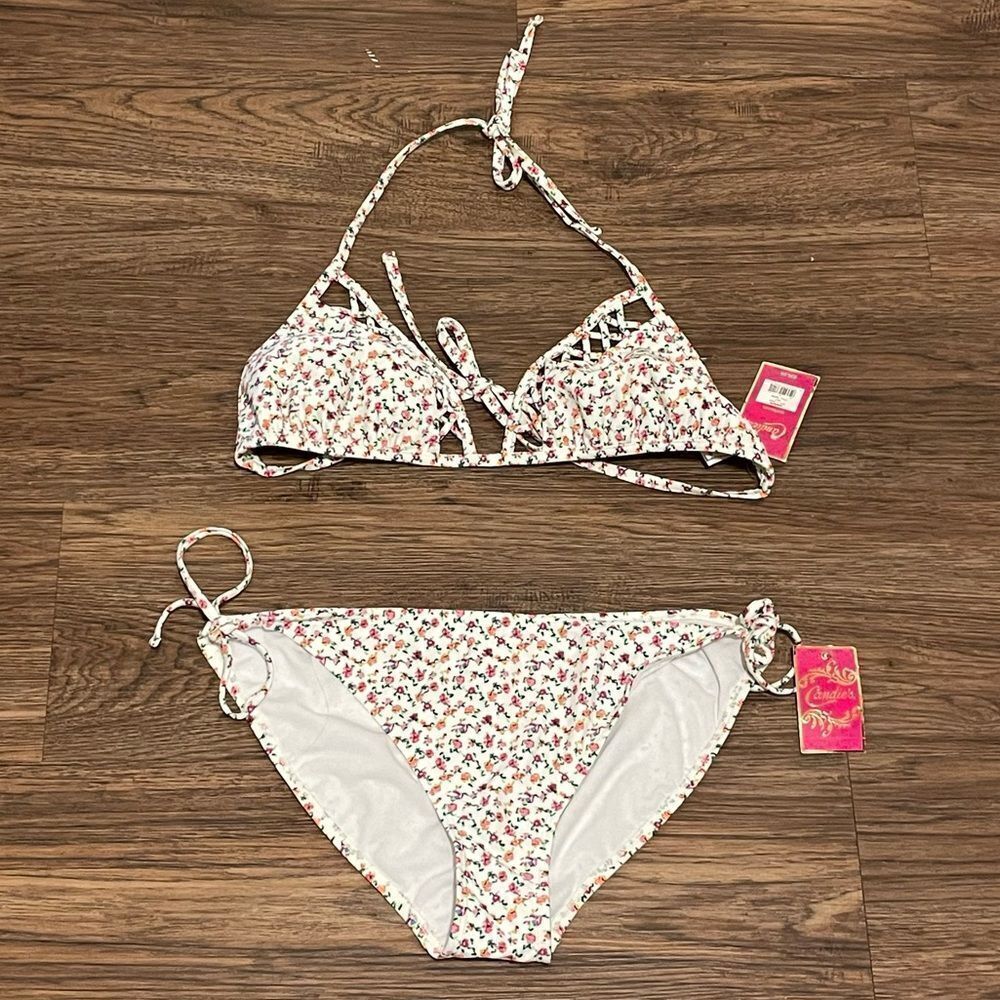 NWT Candie’s Two Piece Floral String Bikini White Pink Green Size XL